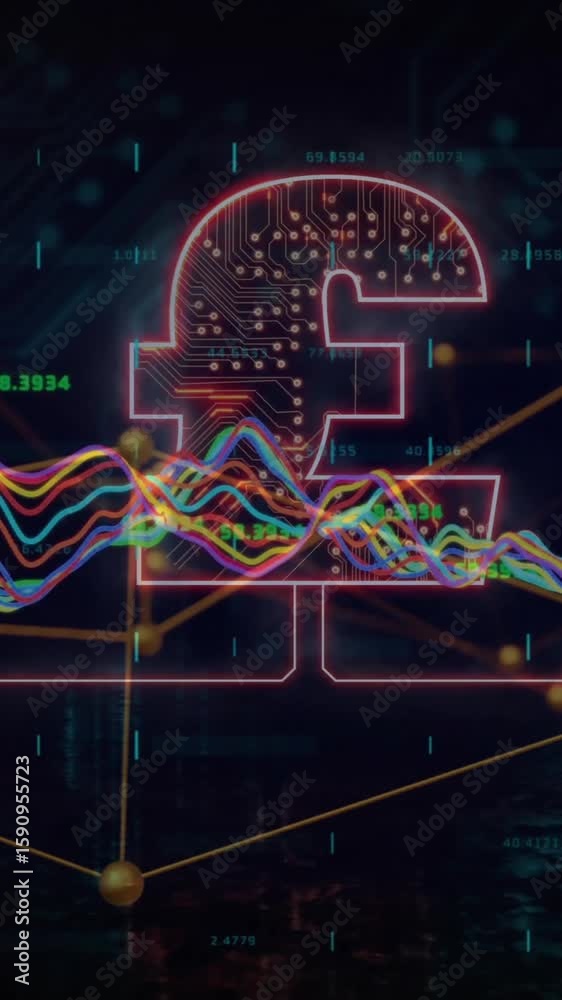 Wall mural animation of pound sign and digital data processing over dark background