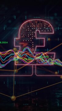 Animation of pound sign and digital data processing over dark background