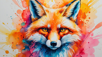 Watercolor fox portrait art print colorful animal illustration wildlife painting vibrant fox design artwork