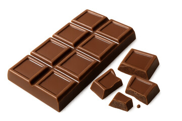 Sweet milk chocolate bar with some broken pieces, isolated on transparent background, ideal for advertising and marketing purposes