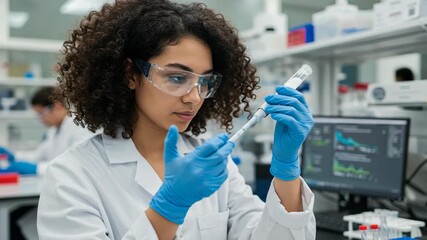 A focused female scientist in a lab coat and gloves carefully handles a pipette during an experiment - Powered by Adobe