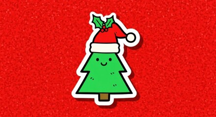 A cute christmas tree sticker with a santa hat on a red background