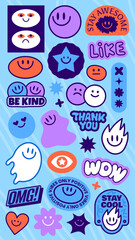 Colorful stickers with phrases like YOLO, OMG, and awesome Fun, playful, and vibrant designs with smiley faces and quirky expressions on a purple background Funky stickers, vector set