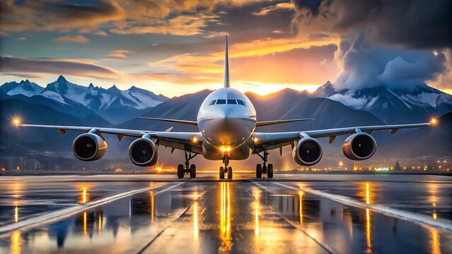 A passenger airplane is landing on the runway with mountains