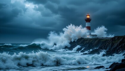 Lighthouse Battling Rough Night Waves in a Storm

