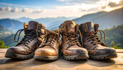 Pair of Brown Leather Hiking Boots on Wooden Surface with Mountain View