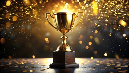 A golden trophy is surrounded by a shower of golden confetti