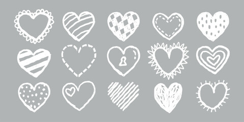 Various black heart doodles on background. Heart shapes, doodles, and patterns create a playful and artistic design. Hearts in different styles. Cute hand drawn Valentine's Day vector set.