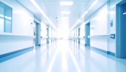 Blurred perspective of a bright, clean, and empty hospital corridor with doors and handrails.