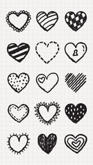 Various black heart doodles on background. Heart shapes, doodles, and patterns create a playful and artistic design. Hearts in different styles. Cute hand drawn Valentine's Day vector set.
