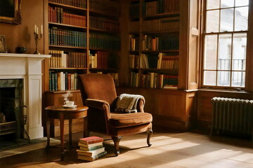 Classic Library Study Room with Bookshelves, Wooden Desk, and Lamp Light