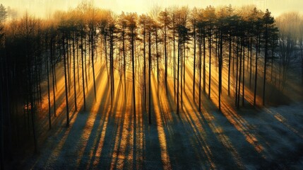 Sunrise illuminates a dense pine forest, casting long shadows across a misty ground, creating a dramatic, warm-toned scene