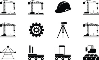 Construction Icons Black Silhouettes of Cranes Gear Hard Hat and Surveying Equipment