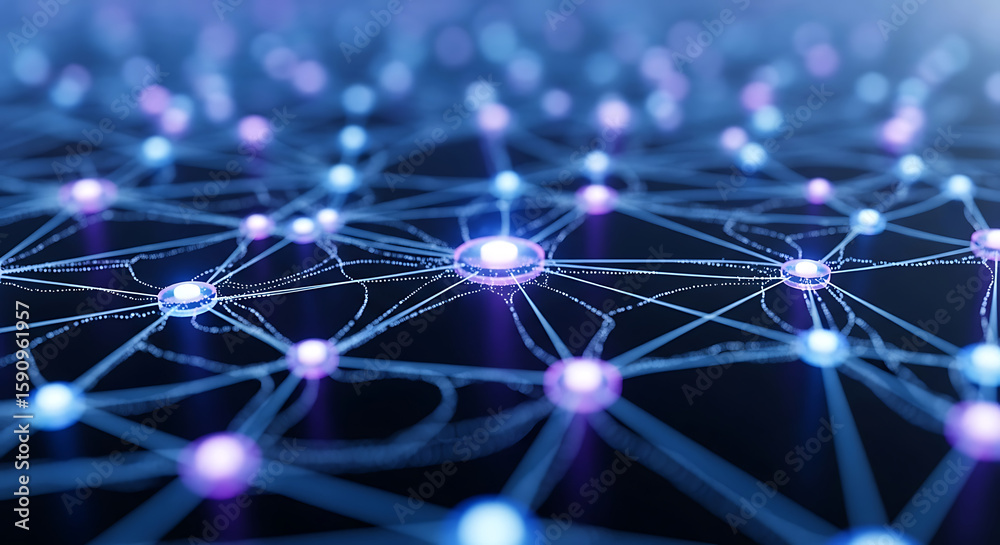 Poster abstract network with interconnected nodes and lines in blue and purple on a dark background - ai ge