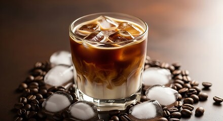 Refreshing Iced Coffee with Cream Swirls and Ice Cubes Surrounded by Roasted Beans for a Perfect Morning Beverage