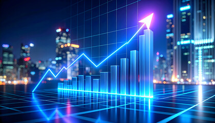Glowing Blue Growth Chart Over Night Cityscape