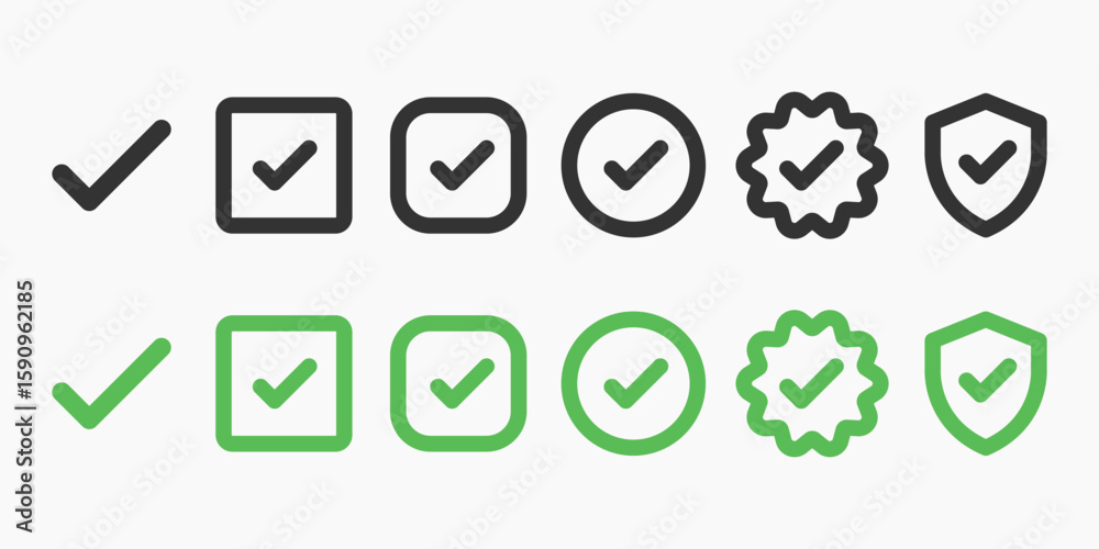 Poster set of checkmark icons in various shapes: checkmarks in circles, squares, and shields. checkmark sym