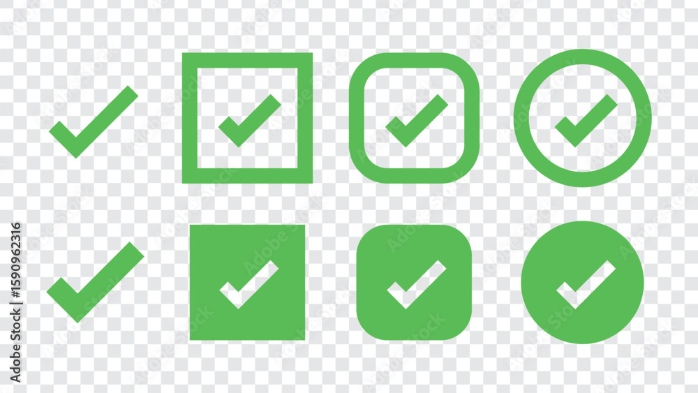 Poster set of checkmark icons in various shapes: checkmarks in circles, squares, and shields. checkmark sym