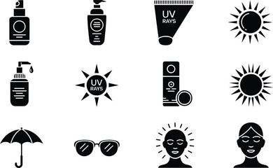 Naklejka premium Black and white sun protection icons including sunscreen sunglasses and umbrella