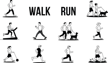 Black and White Illustrations of People Walking and Running with Pets and Exercise Equipment