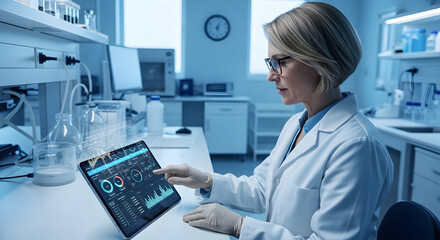 Scientist Analyzing Data on Tablet Device.