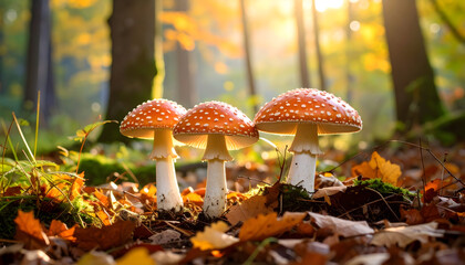 Three Red And White Mushrooms In Autumn Forest