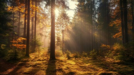 Obraz premium Sunlight streams through a dense forest, illuminating the trees and the forest floor.