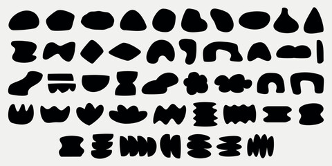 Abstract black shapes in various forms and patterns. Geometric and organic shapes, bold black designs. Repeated abstract shapes and patterns in black. Black and white vector set.