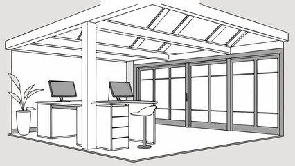 “Corporate workspace with standing desks, integrated cable management, ambient skylight from atrium above, clean white and wood aesthetic, no text”

