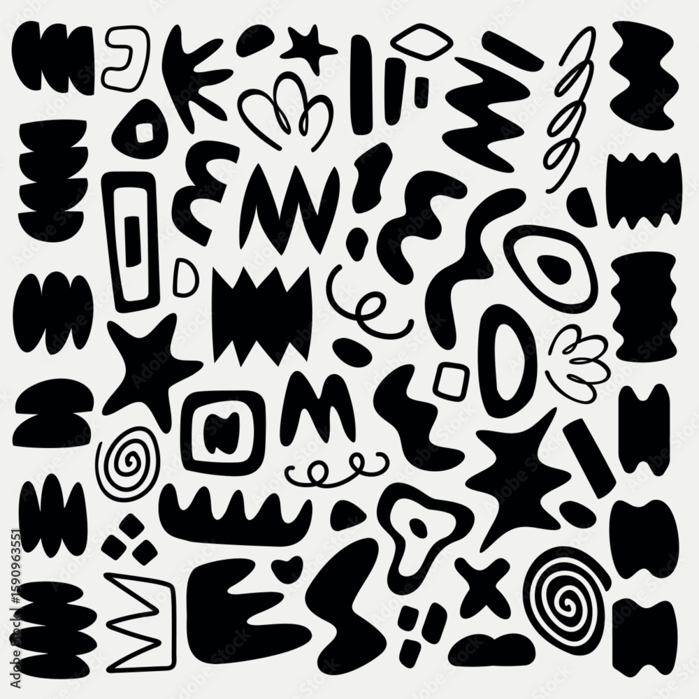 Poster abstract black shapes in various forms and patterns. geometric and organic shapes, bold black design