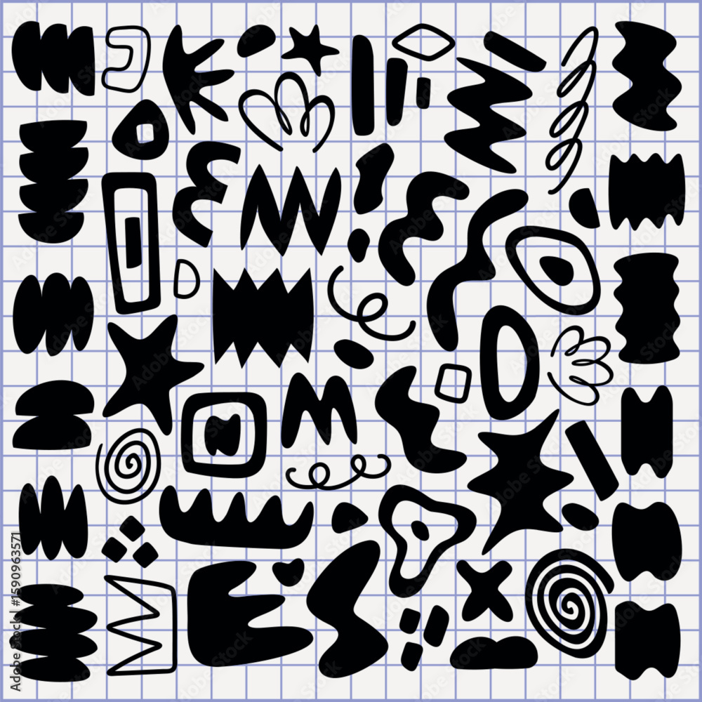 Poster abstract black shapes in various forms and patterns. geometric and organic shapes, bold black design