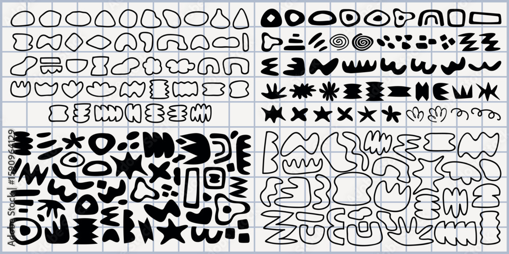 Poster abstract black shapes in various forms and patterns. geometric and organic shapes, bold black design