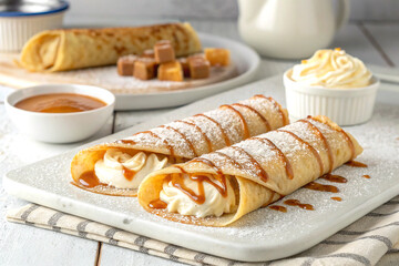 Delicious crepes with cream and caramel in sharp, detailed food photo