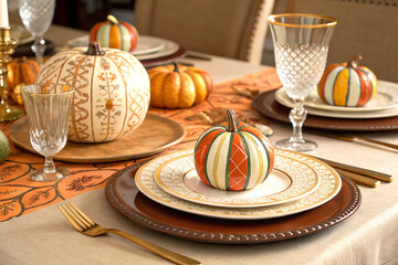 Ornate ceramic pumpkins and elegant tableware in warm autumn colors