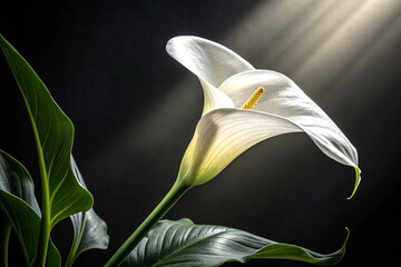 Calla lily close-up with dramatic lighting on a dark cinematic background