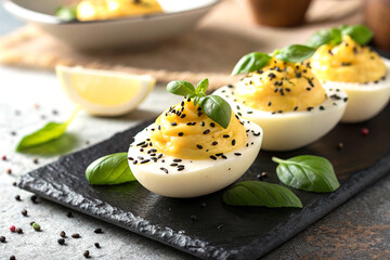Lemon curd eggs with basil and sesame in vibrant food photography style