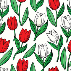 seamless pattern featuring hand drawn red and white tulip.