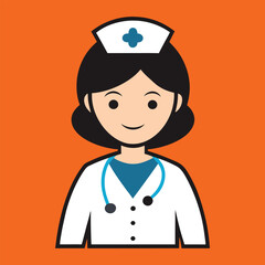 a cartoon female nurse on an orange background.