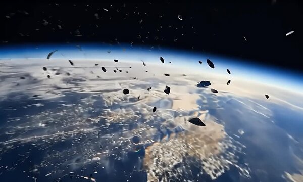 A cinematic shot of space debris orbiting the Earth.
