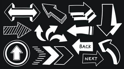 Collection of white arrows on a black background. Arrows pointing in various directions. Bold, outlined arrows. Navigation arrows in different styles. Hand drawn element vector set.