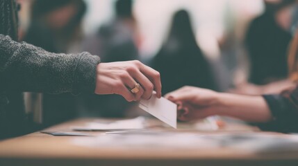 Hands exchanging a business card at an event.