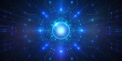 Fototapeta premium A bright blue sphere radiates energy within a complex, glowing technological matrix.