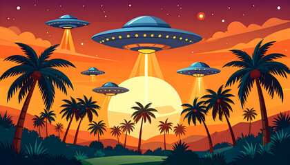 Pixel Art UFOs Over Tropical
