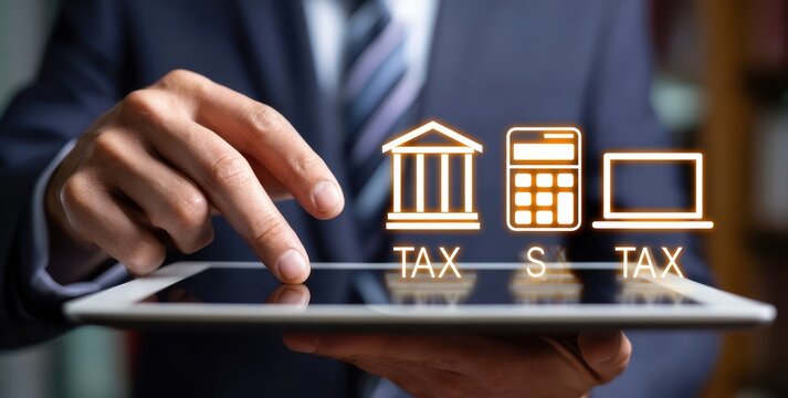 Businessman using tablet with tax-related icons