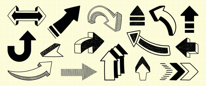 A collection of black and white arrows in various styles and directions. Arrows pointing up, down, left, and right. Bold and sketchy arrow designs. Hand drawn elements, vector set.