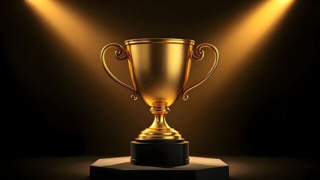 Glowing Gold Trophy on Velvet Podium with Dramatic Spotlight and Subtle Bokeh