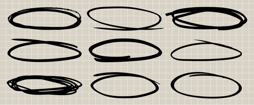 Set of nine black hand-drawn oval scribbles on a grid background. Sketchy ovals, imperfect circles, and abstract shapes create a dynamic design. Hand drawn doodle frames, vector set.