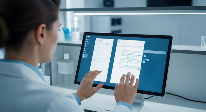 Scientist Reviewing Digital Documents on Computer Screen.