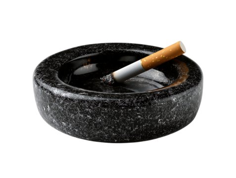 A black ashtray with gray ashes and a single cigarette isolated on a transparent background