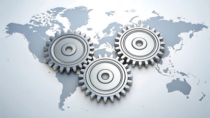 Global gears interlocking on world map interconnected